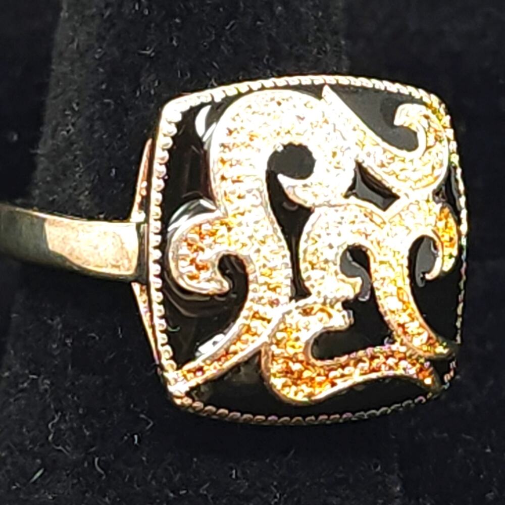 Vintage 80's Celtic Black Onyx Enamel Ring & Rose Gold Milligrain Silver925 Sz 7